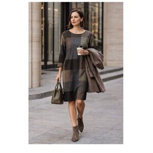 O-NELCE Patchwork Knit Knee Length Shift Dress Earth Tone Colorblock Sz M Scandi